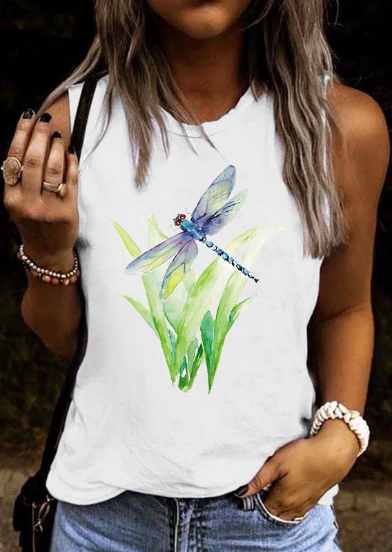

Dragonfly Grass O-Neck Casual Tank - White, 537168