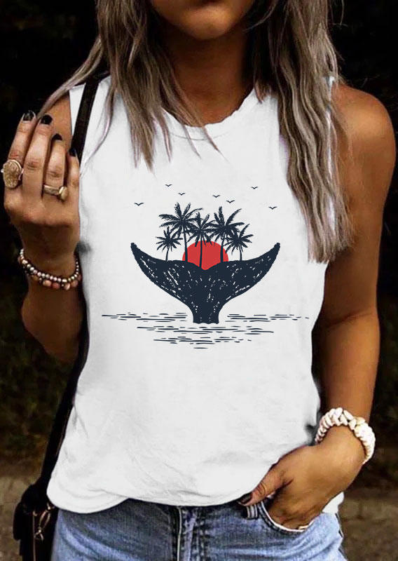 

Coconut Tree Sunset Fish Tail O-Neck Tank - White, 537227