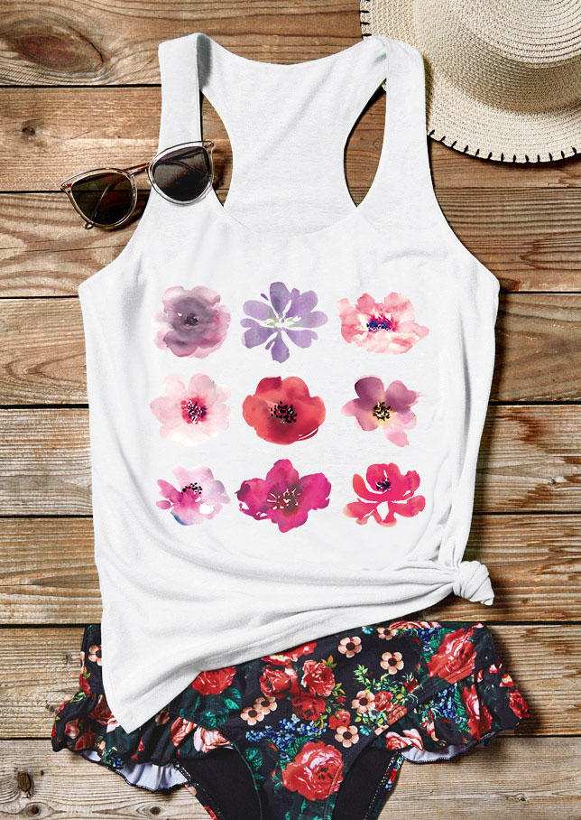 

Colorful Floral O-Neck Racerback Tank - White, 537244