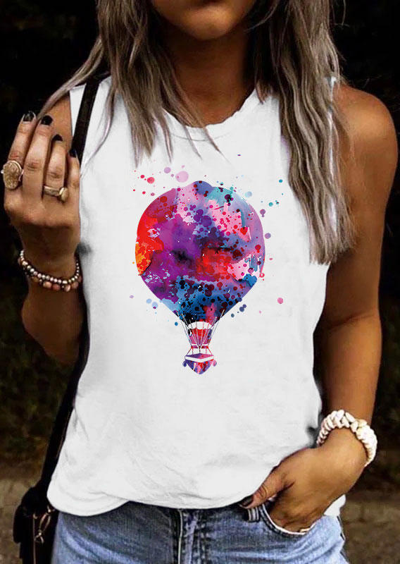 

Watercolor Hot Air Balloon O-Neck Tank - White, 537262