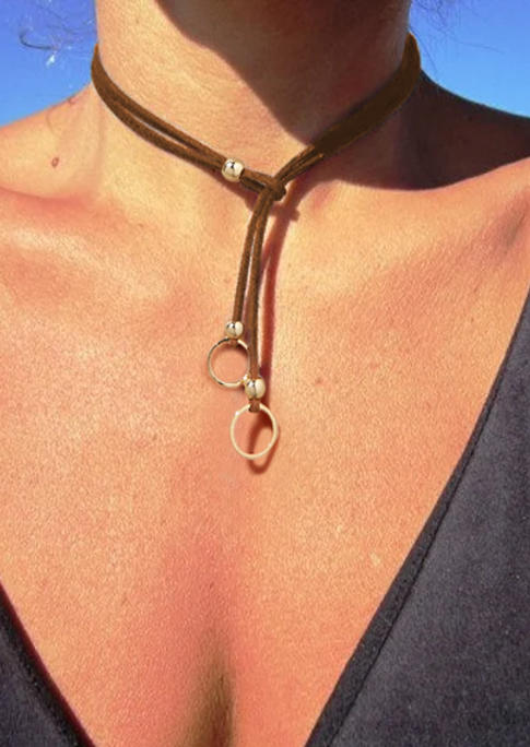 

Simple Circle Beading Leather Choker Necklace - Brown, SCM002234