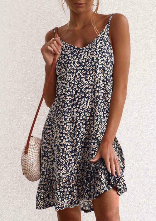 

Floral Ruffled Spaghetti Strap Mini Dress - Deep Blue, SCM002703