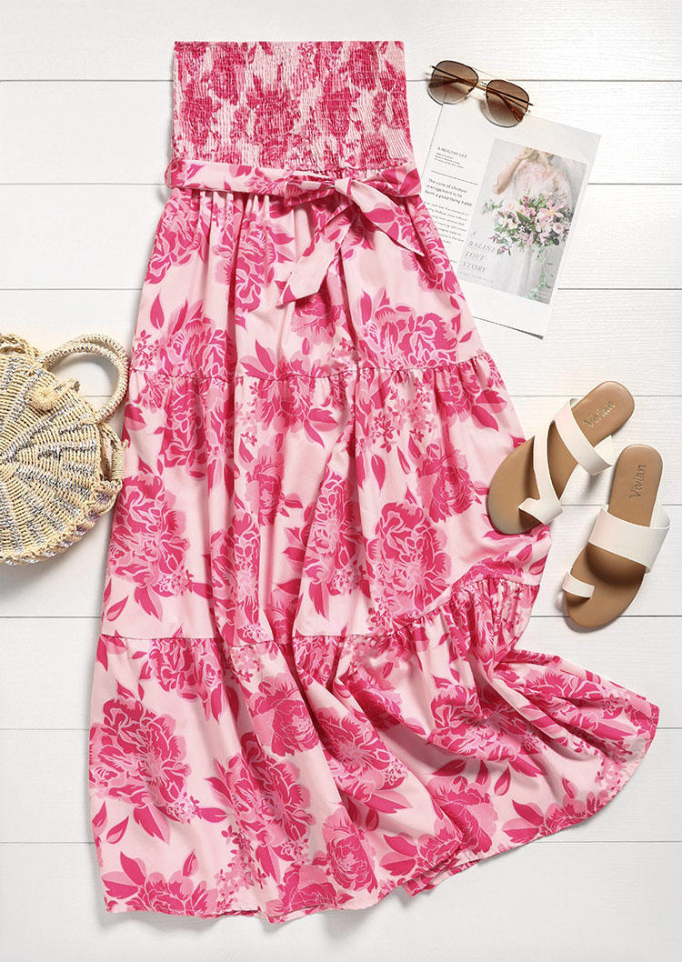 Floral Smocked Strapless Bandeau Maxi Dress - Pink