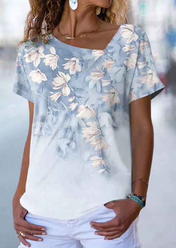 

Floral Short Sleeve Blouse - Light Blue, SCM002776