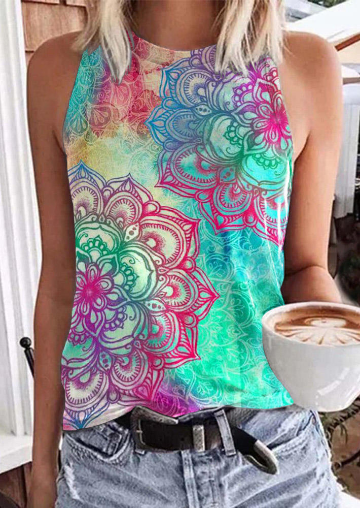 

Gradient Ethnic Floral O-Neck Casual Tank, Multicolor, SCM002779