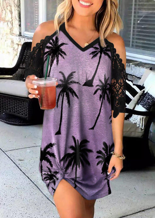 

Coconut Tree Lace Splicing Cold Shoulder Mini Dress - Purple, SCM003000