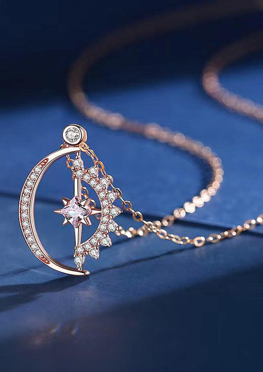 

Sun Moon Rhinestone Pendant Necklace With Box And Card, Rose gold, SCM002499
