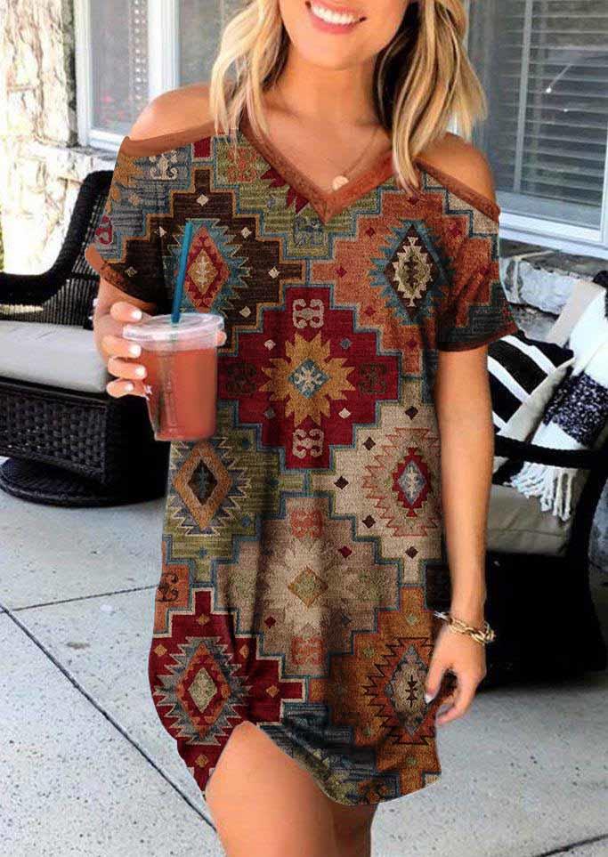 

Aztec Geometric Cold Shoulder Mini Dress, Multicolor, SCM002915