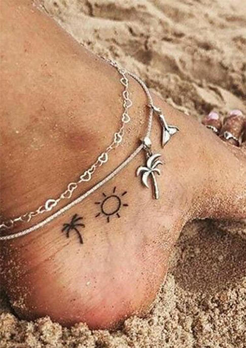 

2Pcs Coconut Tree Fish Tail Heart Anklet, Silver, SCM002925