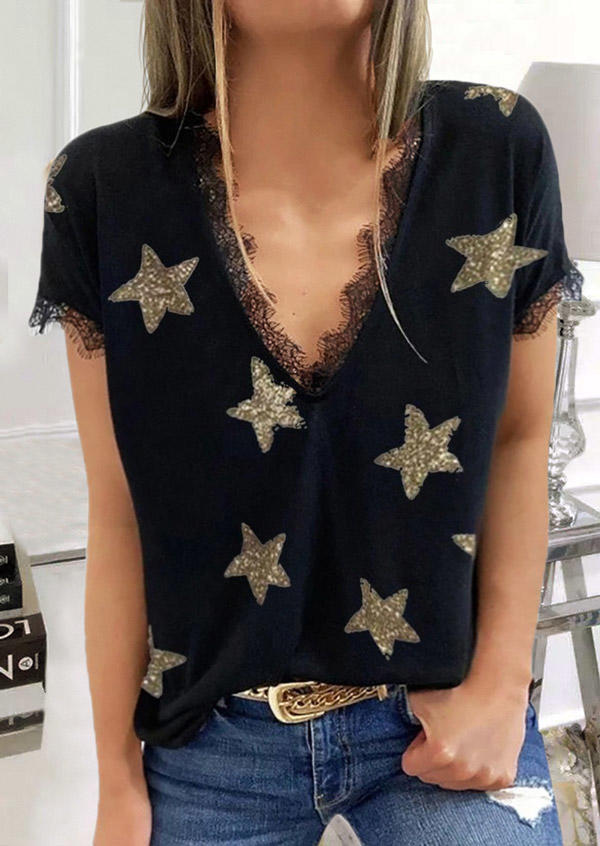 

Glitter Star Lace Splicing V-Neck Blouse - Black, SCM003027