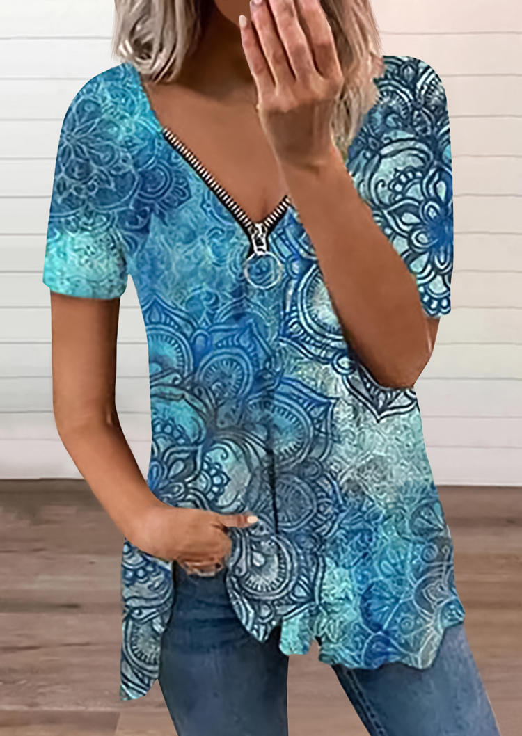 

Ethnic Floral Zipper Collar Short Sleeve Blouse, Multicolor, SCM003084
