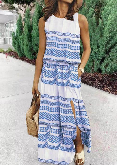 

Geometric Slit O-Neck Maxi Dress - Sky Blue, 536741