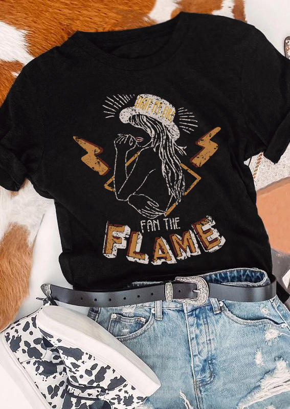 Fan The Flame O-Neck T-Shirt Tee - Black