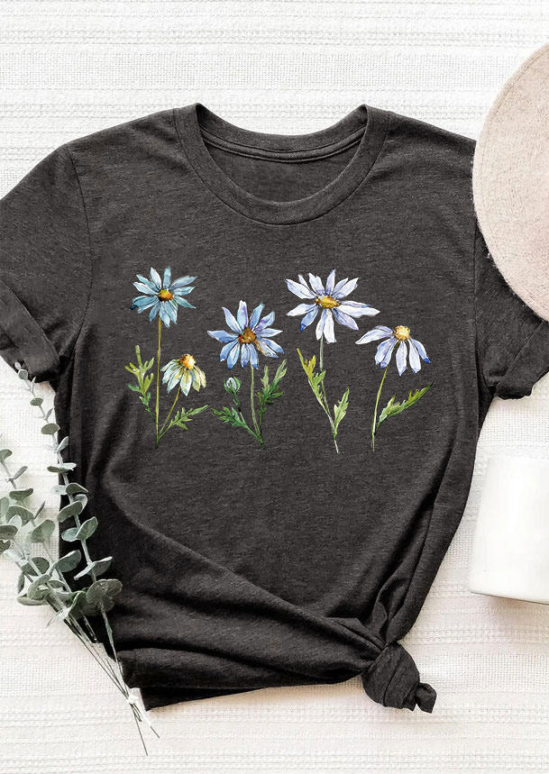 

Daisy O-Neck T-Shirt Tee - Dark Grey, Gray, 537276