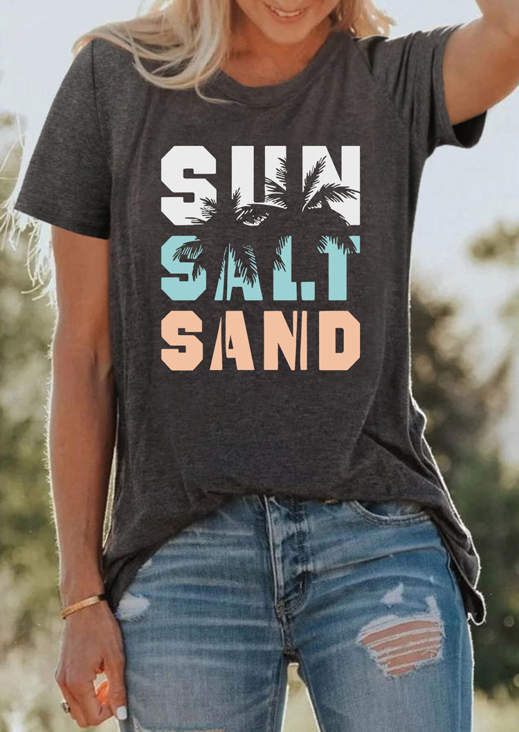 Sun Salt Sand Coconut Tree O-Neck T-Shirt Tee - Dark Grey