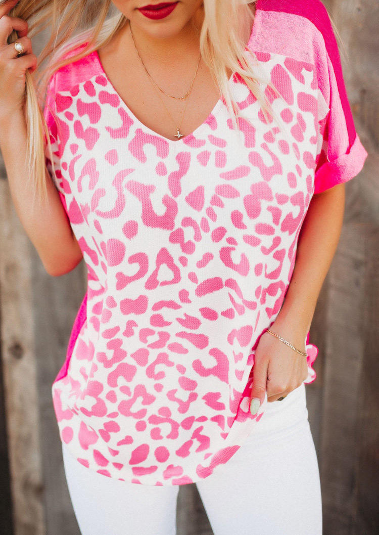 

Leopard Color Block Short Sleeve Blouse - Rose Red, SCM001847