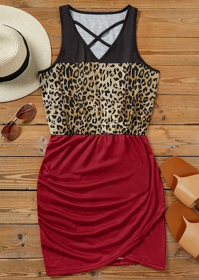 Leopard Color Block Criss-Cross Ruffled Mini Dress