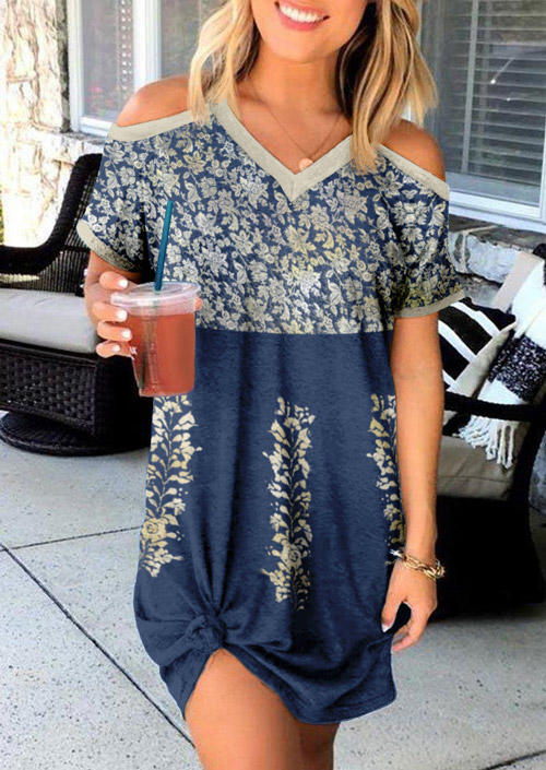 

Floral Cold Shoulder V-Neck Mini Dress - Blue, SCM002851