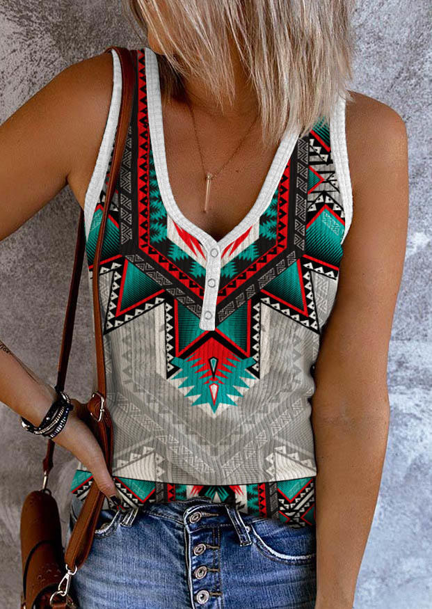 

Aztec Geometric Snap Button Casual Tank, Multicolor, SCM002933