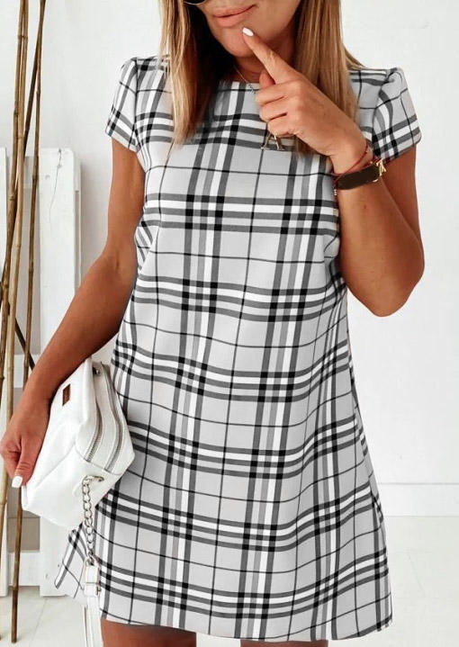 

Plaid Short Sleeve O-Neck Mini Dress - Gray, SCM002966