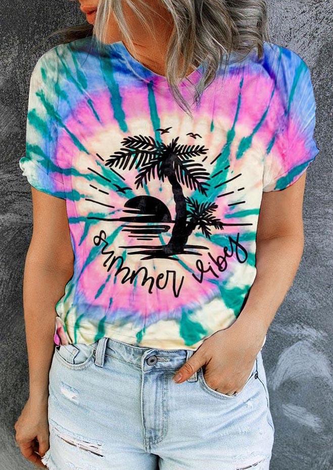 

Summer Vibes Tie Dye Coconut Tree Sunset T-Shirt Tee, Multicolor, SCM002986