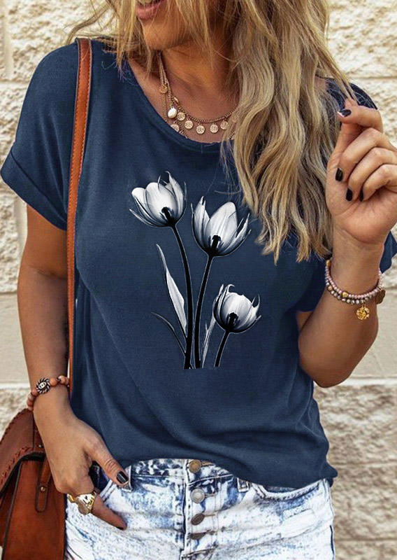 

Floral O-Neck Short Sleeve T-Shirt Tee - Navy Blue, SCM003031