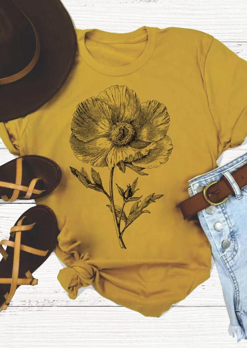 

Floral O-Neck Casual T-Shirt Tee - Yellow, SCM003053