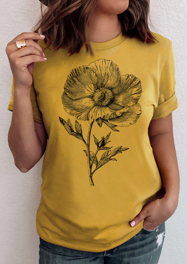 Floral O-Neck Casual T-Shirt Tee - Yellow
