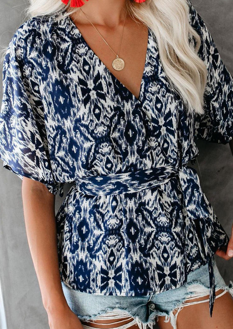 

Mosaic V-Neck Tie Short Sleeve Blouse - Blue, SCM003190