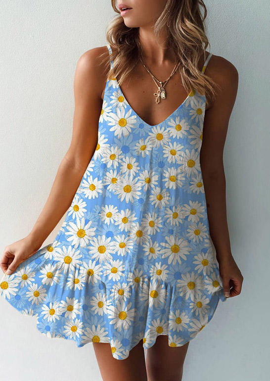 

Daisy Ruffled Spaghetti Strap Mini Dress - Blue, SCM003198