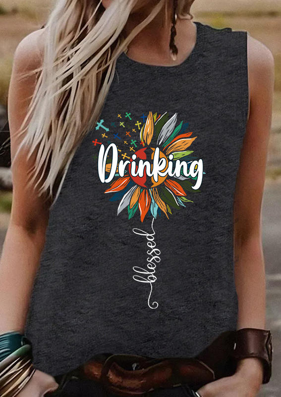 

Drinking Blessed Sunflower Cross Tank - Dark Grey, Gray, 537005