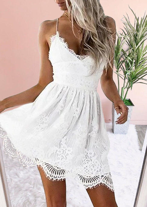 

Lace Up Open Back Spaghetti Strap Mini Dress - White, SCM002848