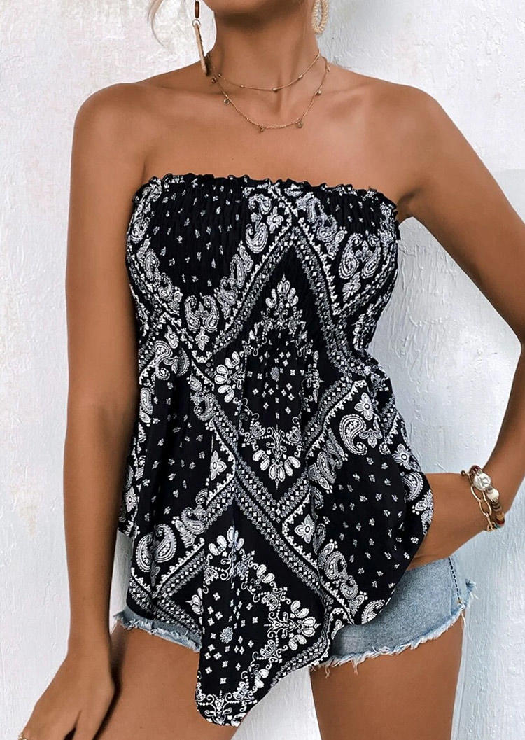 

Paisley Smocked Strapless Bandeau Tank - Black, SCM002901