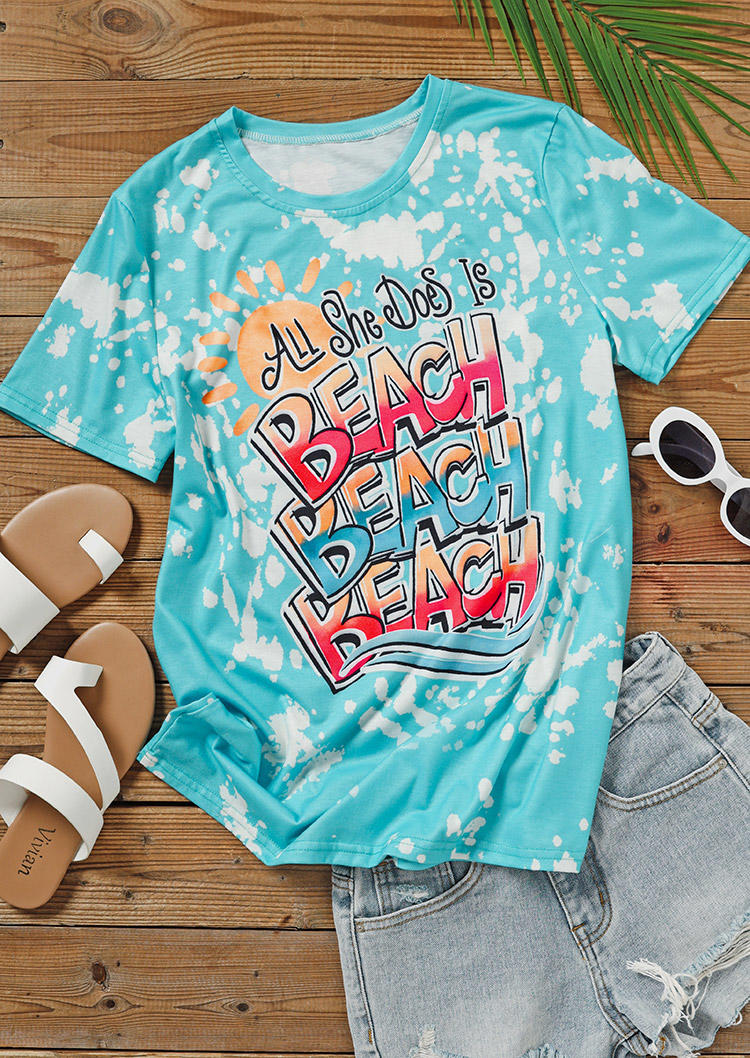 All She Does Is Beach Tie Dye T-Shirt Tee - Cyan