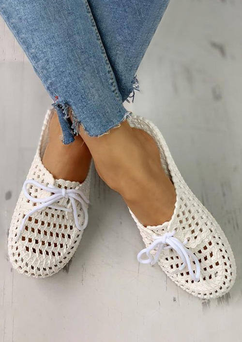 

Summer Hollow Out Lace Up Flat Slippers - White, SCM003099
