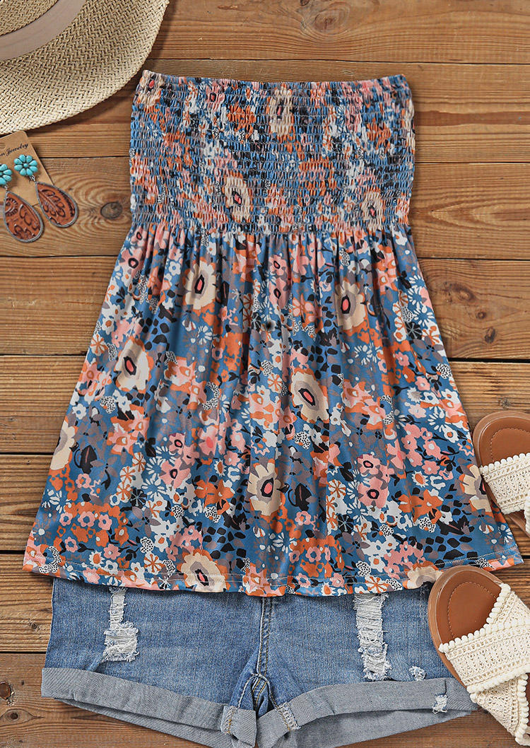 Floral Smocked Strapless Bandeau Ruffled Tank
