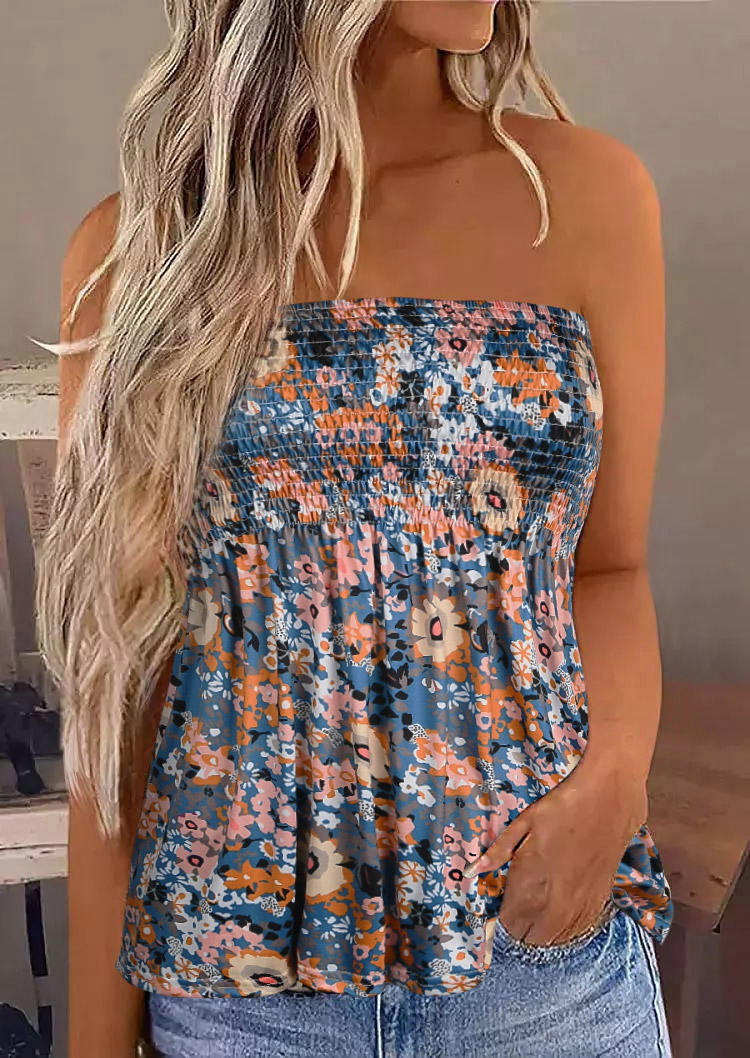 

Floral Smocked Strapless Bandeau Ruffled Tank, Multicolor, SCM003121