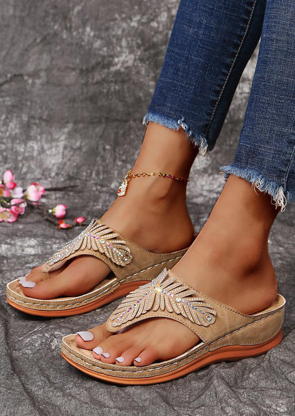 

Rhinestone Flip Flops Wedge Slippers - Khaki, SCM003165