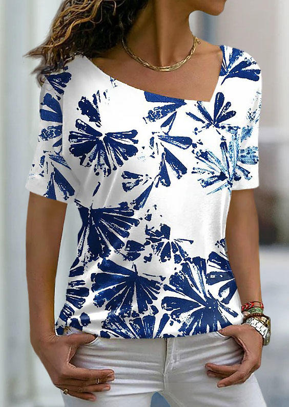 

Leaf Irregular Collar Short Sleeve Blouse - Blue, SCM003184