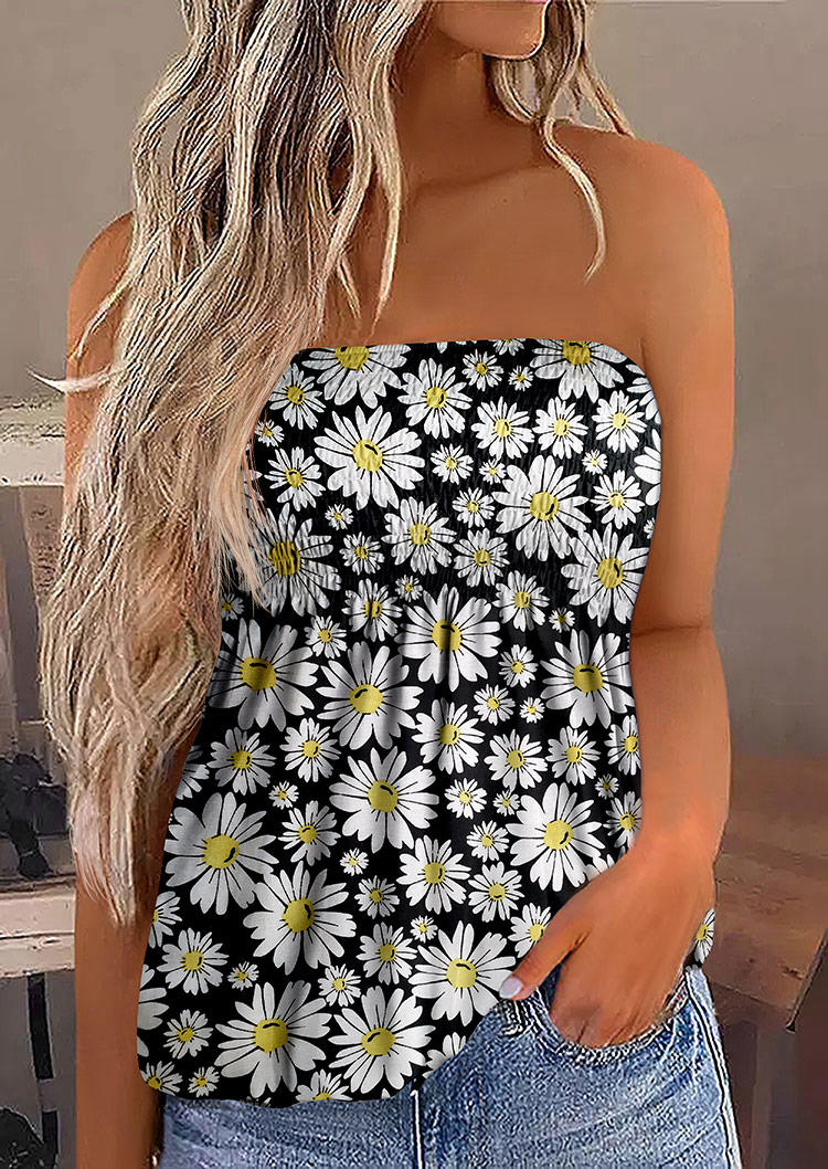 

Daisy Smocked Strapless Bandeau Tank - Black, SCM003273