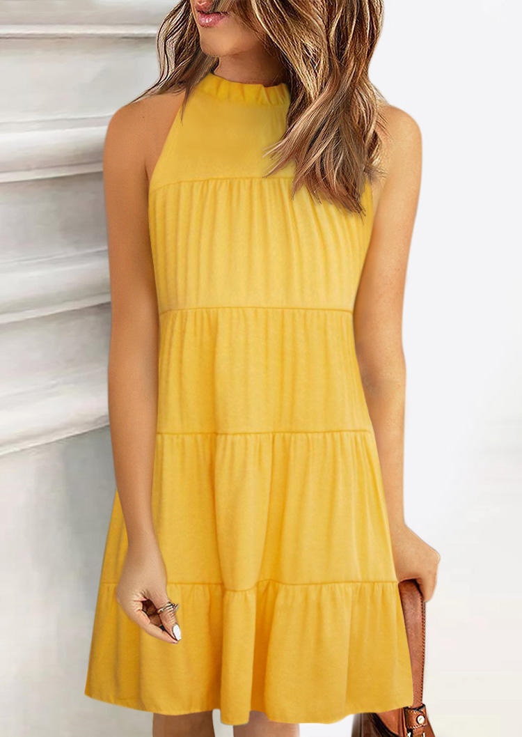 

Ruffled Tie O-Neck Sleeveless Mini Dress - Yellow, 536831