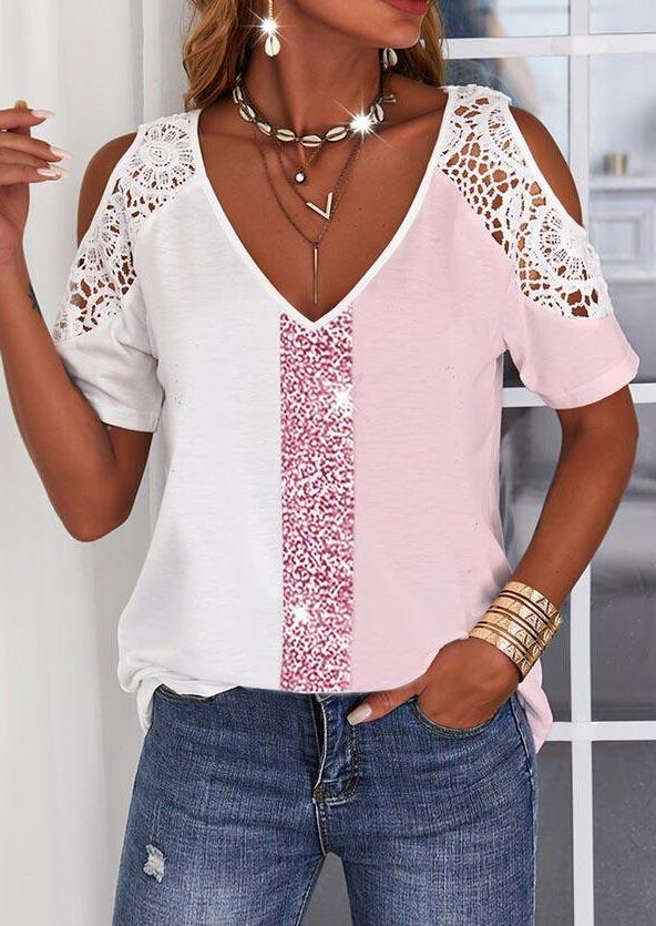 

Lace Splicing Glitter Color Block Cold Shoulder Blouse, Multicolor, SCM002879