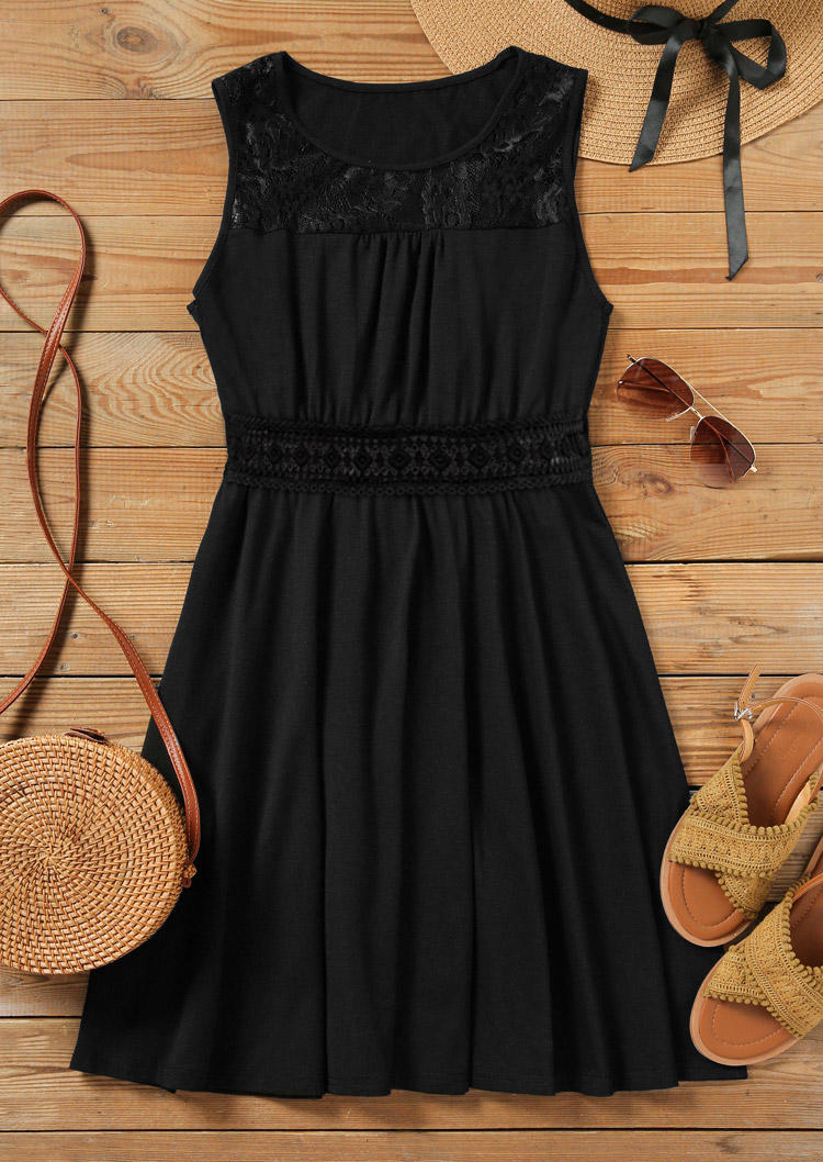 Lace Splicing Sleeveless O-Neck Mini Dress - Black