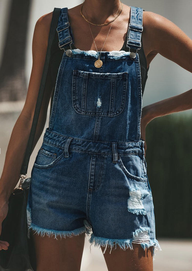 

Pocket Frayed Hem Denim Overall Romper - Blue, SCM003150