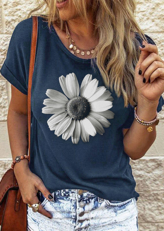 Daisy O-Neck Casual T-Shirt Tee - Navy Blue, SCM003197
