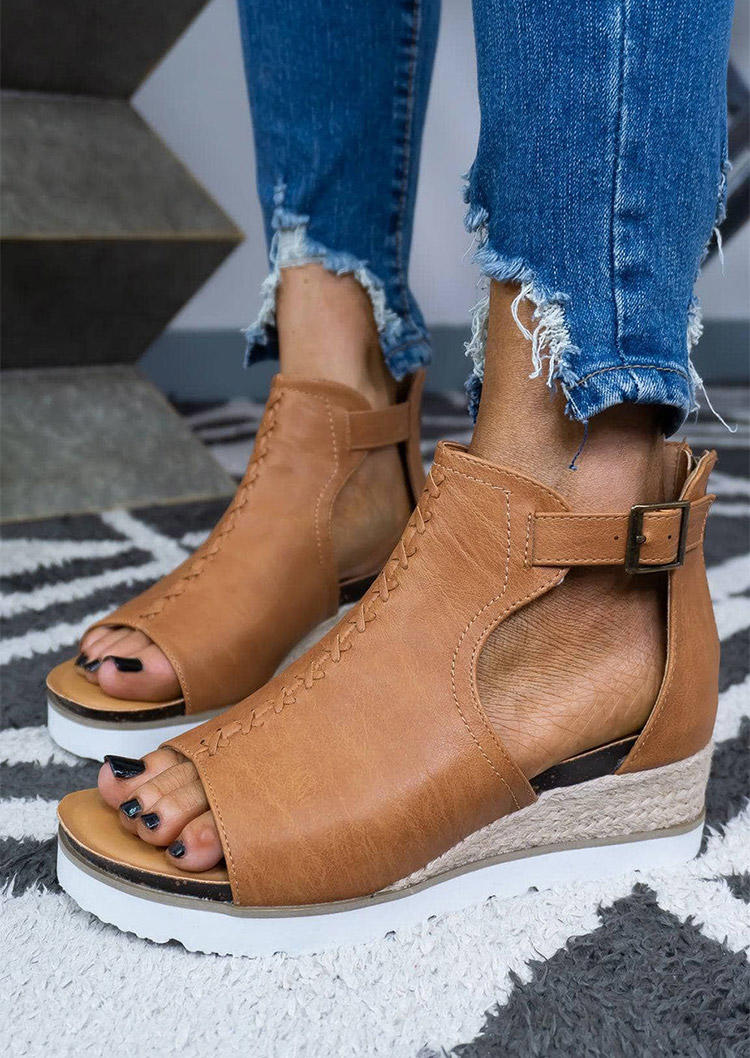 

Buckle Strap Wedge Peep Toe Sandals - Brown, SCM003208