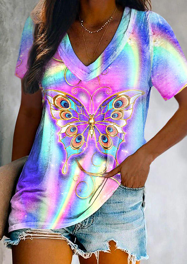 

Glitter Gradient Butterfly V-Neck Blouse, Multicolor, SCM003355