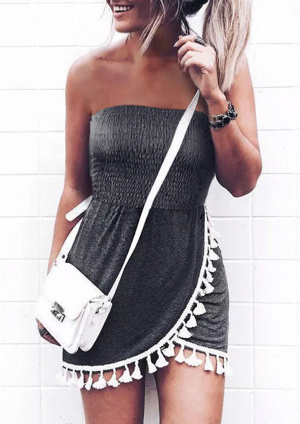 

Tassel Smocked Strapless Bandeau Mini Dress - Dark Grey, SCM003371