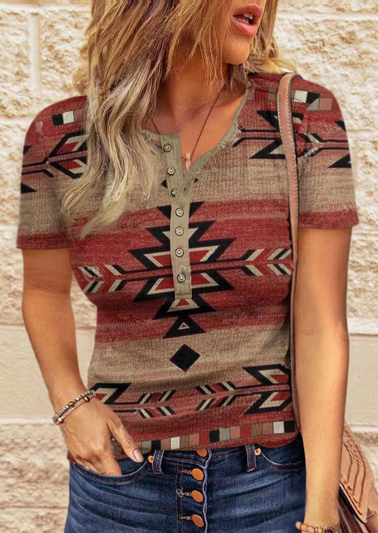 

Aztec Geometric Button Short Sleeve Blouse, Multicolor, SCM002660