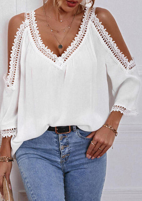 

Lace Splicing Cold Shoulder V-Neck Blouse - White, SCM003056